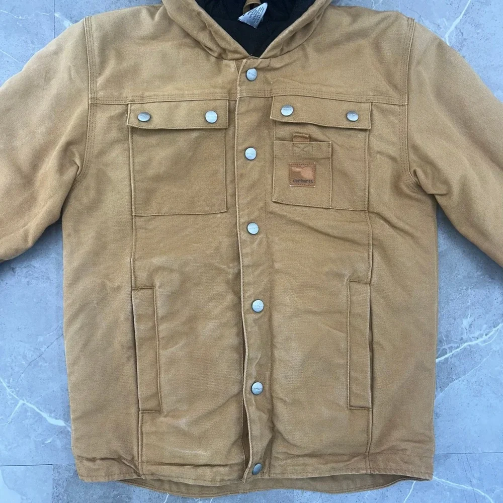 Carhartt Jacket Youth Medium 10 - 12 Diamond Quilted Hooded Faded Brown Boys Kid